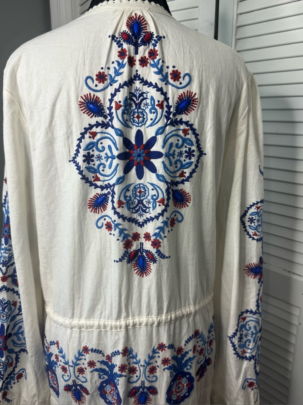Farm Rio Linen Blend Embroidered Midi White Navy Boho Peasant Artsy Dress XL - Picture 3 of 16